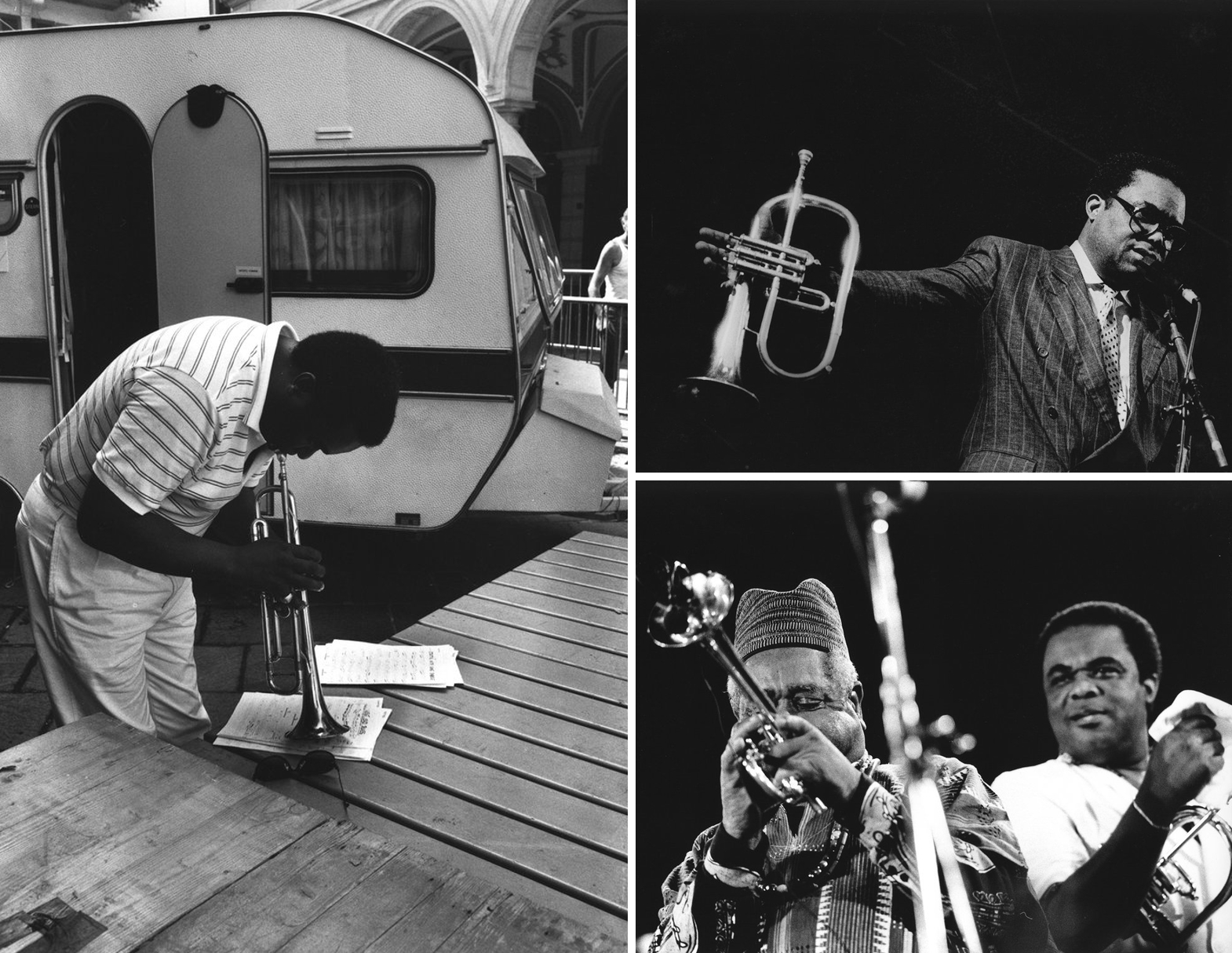 Sol: Freddie Hubbard, Lugano 1987; sağ üst: Freddie Hubbard, Nice 1990; sağ alt: Dizzy Gillespie ve Freddie Hubbard, San Remo 1990 (Fotoğraflar: Dany Gignoux)