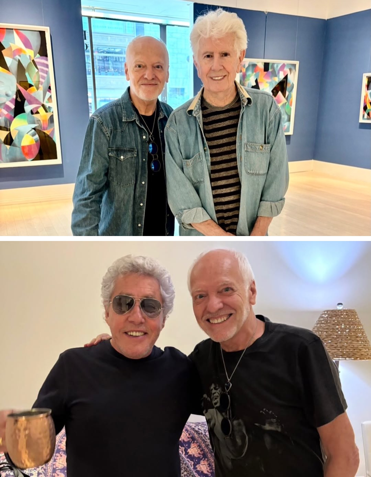 Peter Frampton, üstte Graham Nash ve altta Roger Daltrey ile